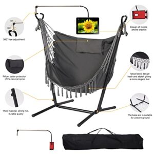 Hammock with Stand Phone Holder Included Double Hanging Chair Macrame Boho Handmade Adjustable Swing Indoor Outdoor Patio Yard Garden Porch 400lbs Capacity (2022 Grey)