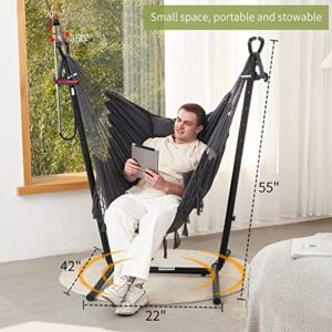 Hammock with Stand Phone Holder Included Double Hanging Chair Macrame Boho Handmade Adjustable Swing Indoor Outdoor Patio Yard Garden Porch 400lbs Capacity (2022 Grey)