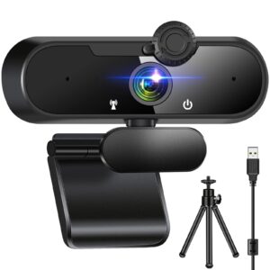 1080p 60fps webcam with microphone, laptop computer camera, dual mics, plug and play, webcams cover & mini tripod, 100° wide angle streaming web camera for video conferencing, zoom, facetime, skype