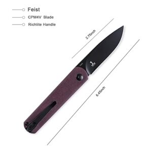 Kizer Feist EDC Pocket Knife, 4V Steel Blade and Richlite Handle Folding Knife for Office, Outdoor, Daily Carry, Ki3499R3