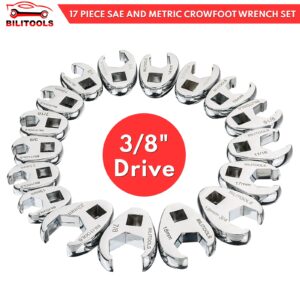 BILITOOLS Crows Foot Wrench Set, 3/8" Drive Crowfoot Flare Nut Cr-V Metric 10-22mm & SAE 3/8"-7/8" | 17 Piece