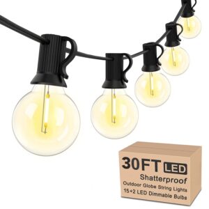 outdoor string lights led, 30ft patio lights with 17 g40 led shatterproof bulbs(2 spare), ul listed for garden, wedding, party, market, porch, bistro backyard holiday decor-warm white, black wire