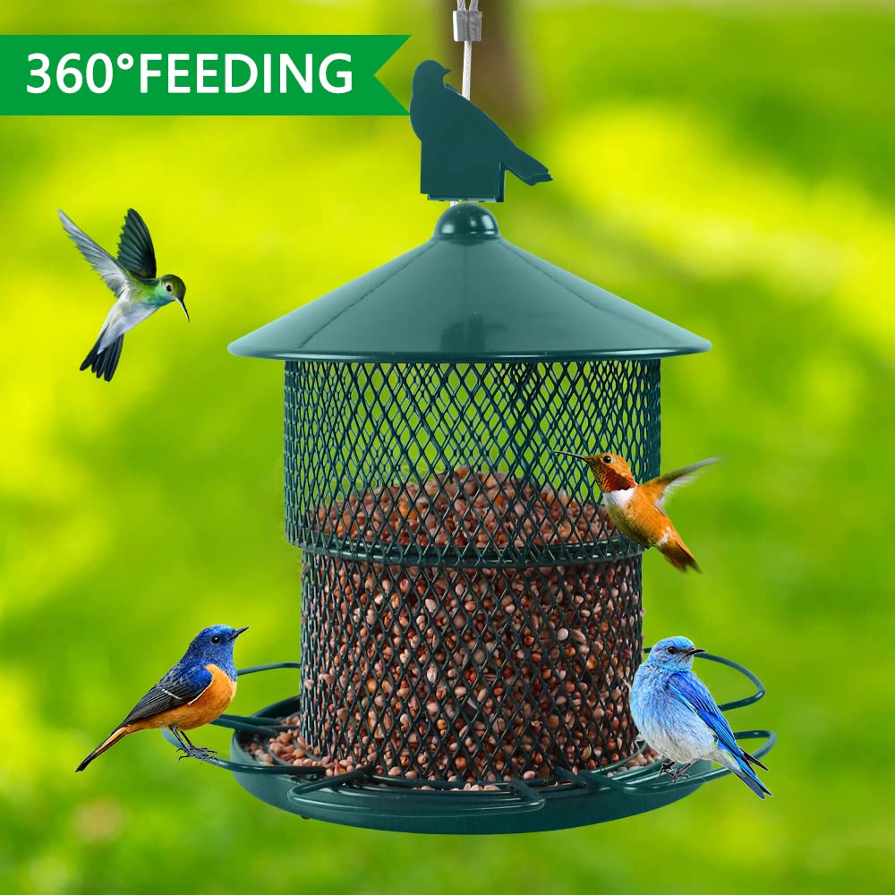 Metal Bird Feeders for Outside,Squirrel Proof Outdoors Hanging Bird Feeder, 7.4LB Capacity,6 Perches, Heavy Duty Mesh Birdfeeders for Cardinals, Finches-Green