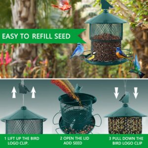 Metal Bird Feeders for Outside,Squirrel Proof Outdoors Hanging Bird Feeder, 7.4LB Capacity,6 Perches, Heavy Duty Mesh Birdfeeders for Cardinals, Finches-Green