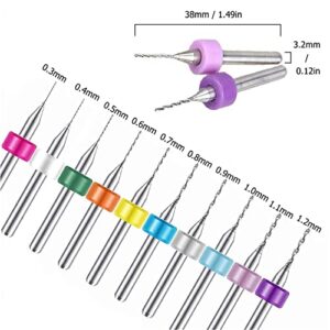 YUENTOEN 10Pcs Micro Drill Bits, Tungsten Carbide Twist Drill Bits 0.3mm to 1.2mm PCB Drill Bit Set with Plastic Box Cutting Tool for Print Circuit Board, Beeswax, Rough Stone, Jewelry, CNC Engraving