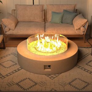 upha 42'' patio propane gas concrete fire pit table,round with wind guard,50000 btu auto-ignition fire table, 42''l x 42''w x 13''h, free glass stone,terrazzo