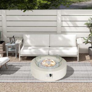 UPHA 42'' Patio Propane Gas Concrete Fire Pit Table,Round with Wind Guard,50000 BTU Auto-Ignition Fire Table, 42''L x 42''W x 13''H, Free Glass Stone,Terrazzo