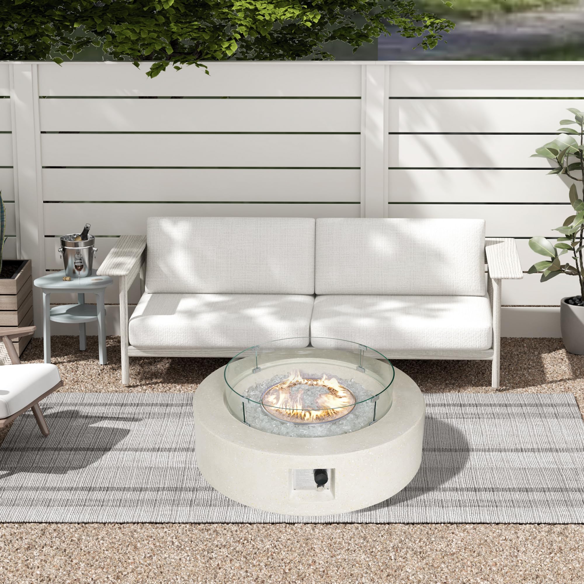 UPHA 42'' Patio Propane Gas Concrete Fire Pit Table,Round with Wind Guard,50000 BTU Auto-Ignition Fire Table, 42''L x 42''W x 13''H, Free Glass Stone,Terrazzo