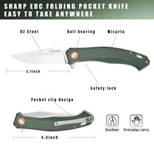 Tunafire Folding Pocket Knife, Utility Pocket Knives for Men with D2 Blade Micarta Handle, EDC Tactical Knife with Clip for Outdoor Survival Hunting (Army Green)