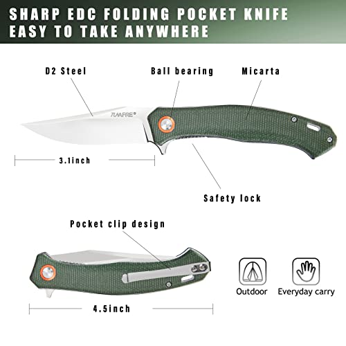 Tunafire Folding Pocket Knife, Utility Pocket Knives for Men with D2 Blade Micarta Handle, EDC Tactical Knife with Clip for Outdoor Survival Hunting (Army Green)