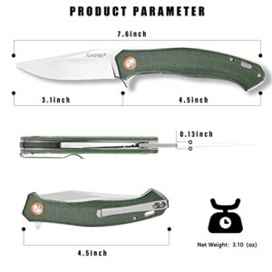 Tunafire Folding Pocket Knife, Utility Pocket Knives for Men with D2 Blade Micarta Handle, EDC Tactical Knife with Clip for Outdoor Survival Hunting (Army Green)