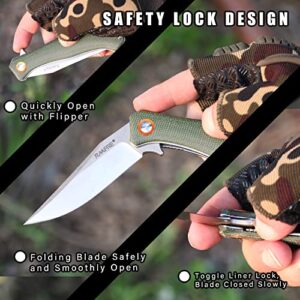 Tunafire Folding Pocket Knife, Utility Pocket Knives for Men with D2 Blade Micarta Handle, EDC Tactical Knife with Clip for Outdoor Survival Hunting (Army Green)