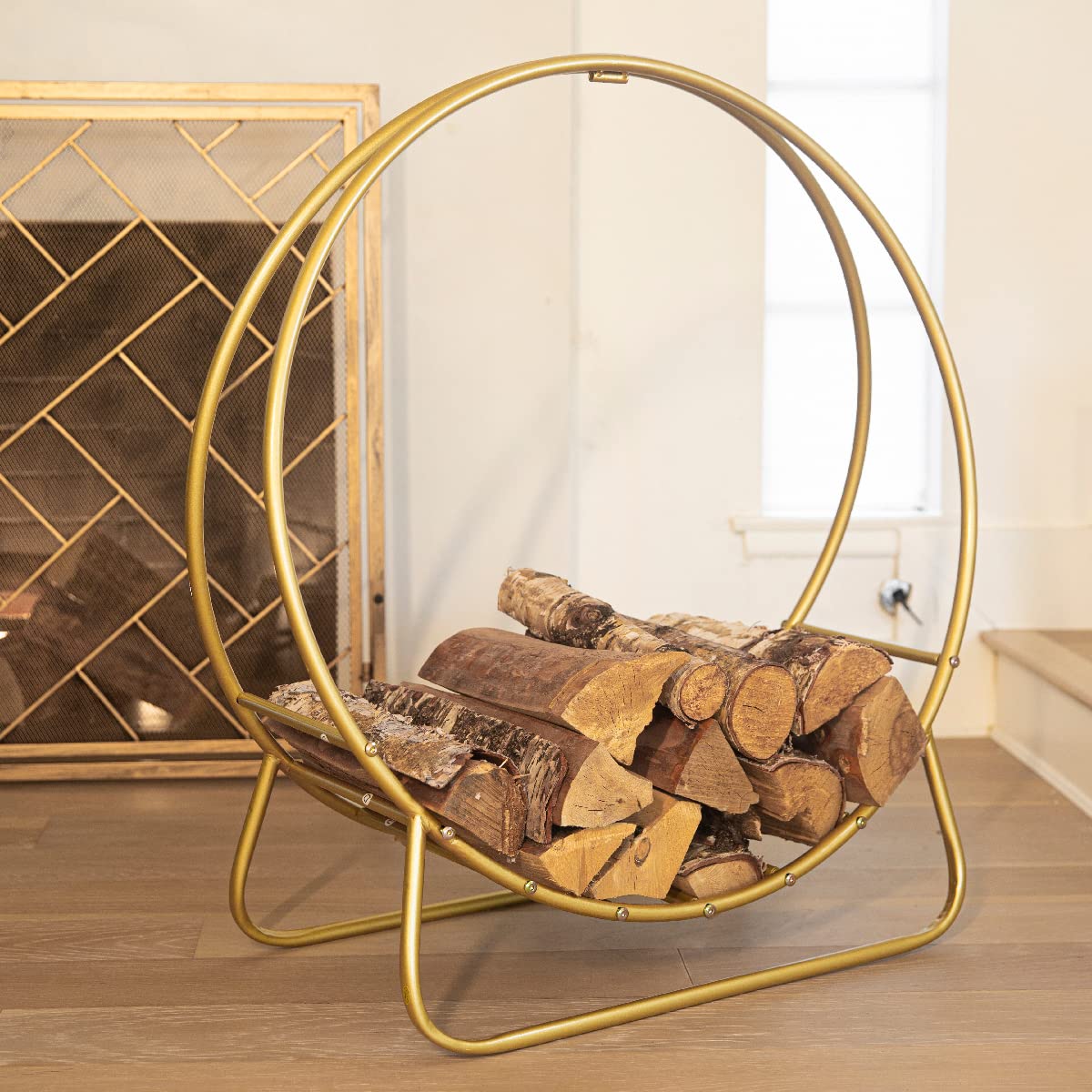 Barton 30" Hoop Log Rack Gold Fireplace Firewood Holder Fire Wood Storage Indoor Outdoor Carrier