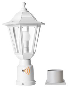 fudesy dusk to dawn outdoor post light, white modern exterior post lantern with pier mount base, plastic waterproof lamp light fixture for garden yard patio pathway, led bulb included