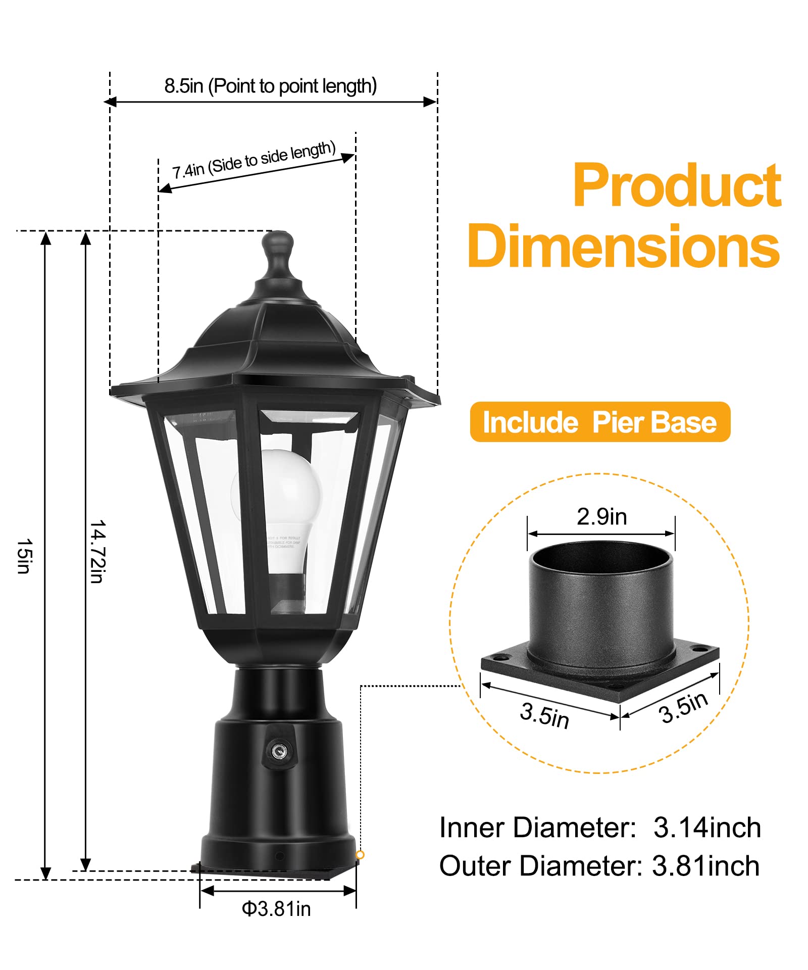 FUDESY Dusk to Dawn Sensor Outdoor Post Light, Waterproof Pole Lantern with Pier Mount Base, Exterior Plastic Lamp Light Fixture, for Garden, Patio, Pathway, FDS6163B1PS, Black, LED Bulb Included