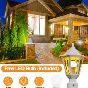 FUDESY Dusk to Dawn Outdoor Post Light, White Modern Exterior Post Lantern with Pier Mount Base, Plastic Waterproof Lamp Light Fixture for Garden Yard Patio Pathway, LED Bulb Included