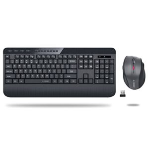 wireless keyboard and mouse combo, e-yooso 18 months battery life cordless keyboard, 2.4g full-sized ergonomic keyboard with wrist rest, 3-level dpi mouse, black quiet keyboard for computer, mac, pc