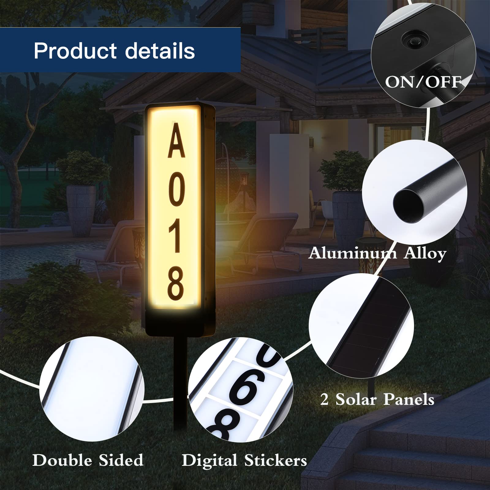 Double Sided Solar Address Plaques House Number, 2 Solar Panel Outdoor Waterproof Address Lighted House Number, LED Illuminated Address Plate with Stakes for Home Garden Yard Driveway Street Sign