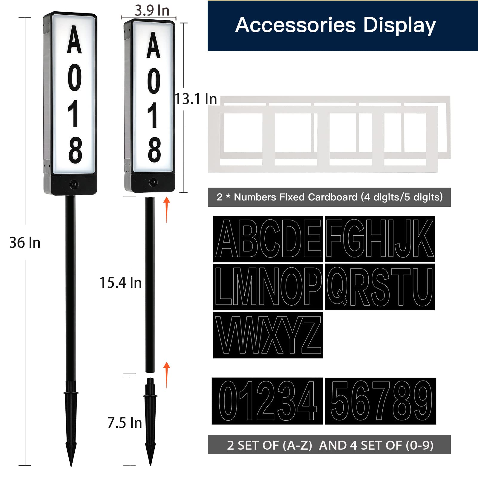 Double Sided Solar Address Plaques House Number, 2 Solar Panel Outdoor Waterproof Address Lighted House Number, LED Illuminated Address Plate with Stakes for Home Garden Yard Driveway Street Sign