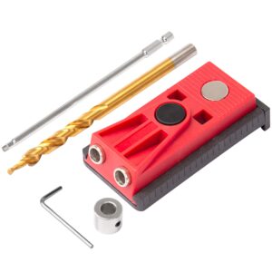 pocket hole jig set with two hole jig, step drill bit, stop collar, square drive bit, hex key, adjustable and easy to use joinery set for diy woodworking projects