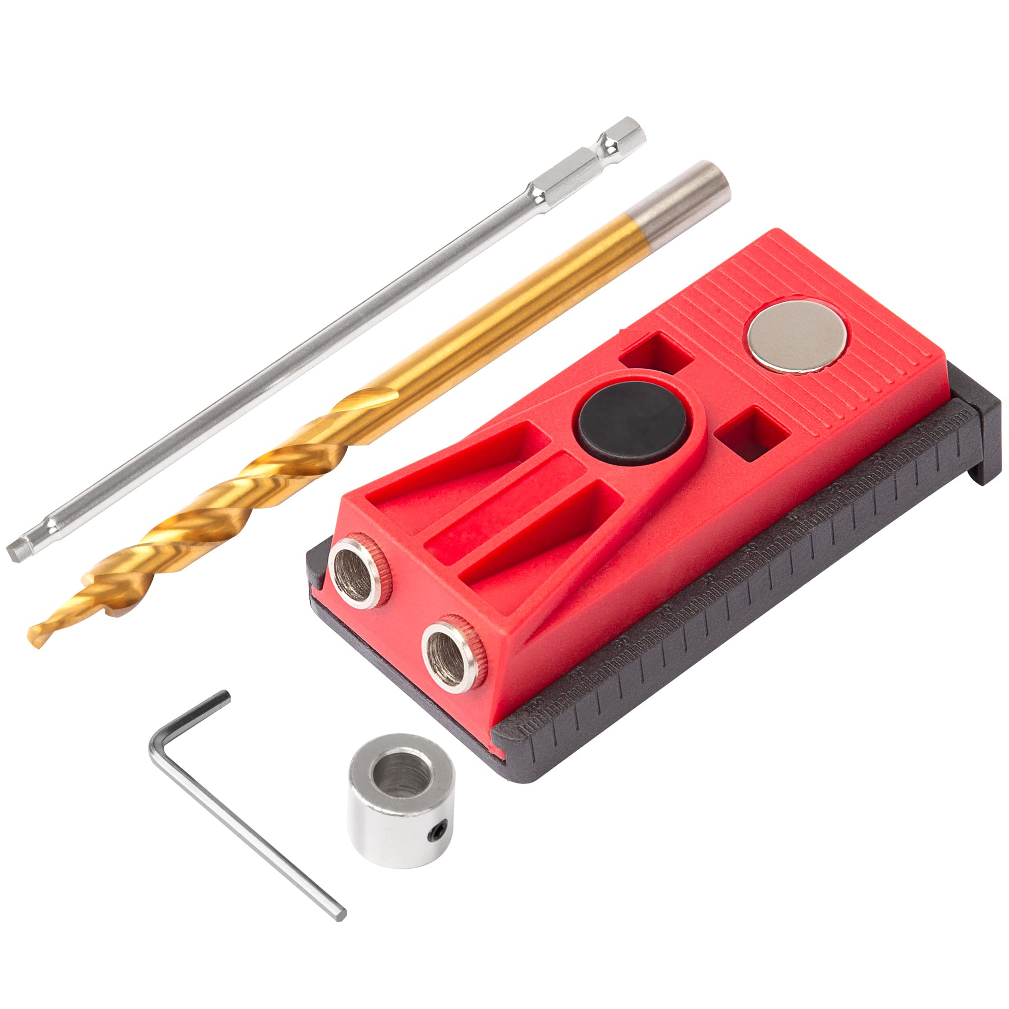 Pocket Hole Jig Set with Two Hole Jig, Step Drill Bit, Stop Collar, Square Drive Bit, Hex Key, Adjustable and Easy to Use Joinery Set for DIY Woodworking Projects