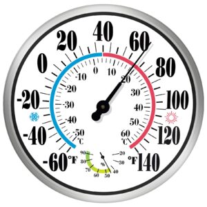 indoor outdoor thermometer - outdoor thermometers for patio large numbers 12inch weatherproof, battery free auto calibrate thermometer hygrometer with stainless steel enclosure