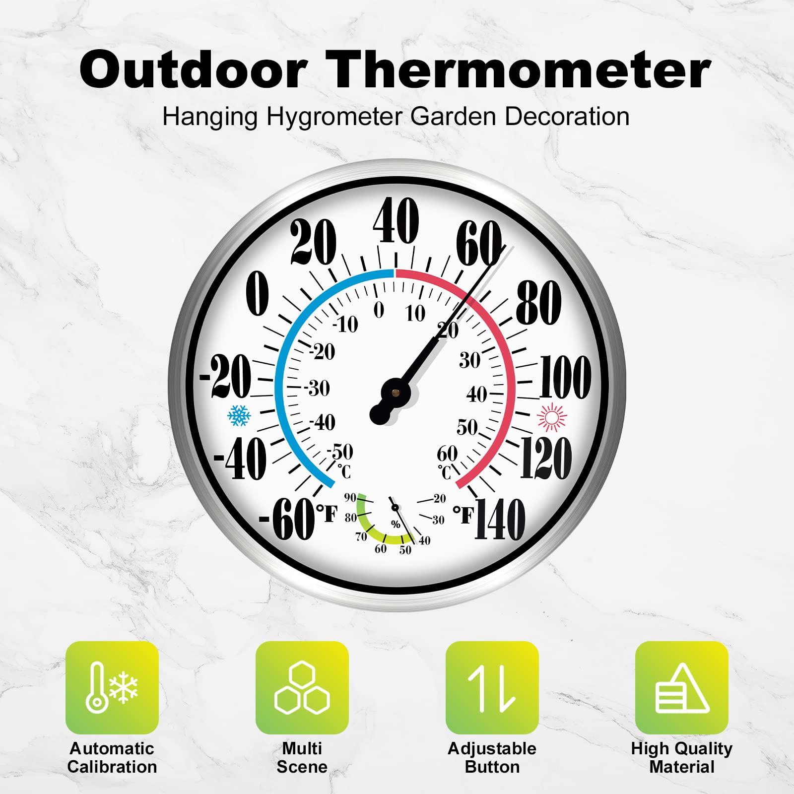 Indoor Outdoor Thermometer - Outdoor Thermometers for Patio Large Numbers 12Inch Weatherproof, Battery Free Auto Calibrate Thermometer Hygrometer with Stainless Steel Enclosure