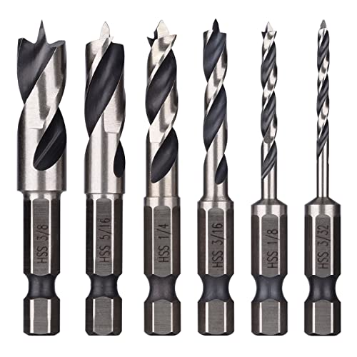 Wolfride 6PCS Brad Point Drill Bits 1/4-Inch Hex Shank Stubby Drill Bit Set for Wood