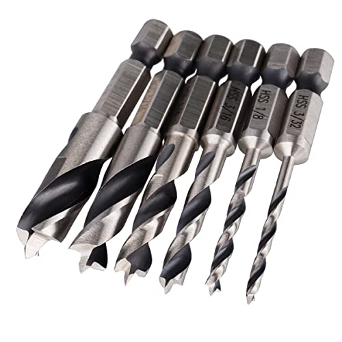 Wolfride 6PCS Brad Point Drill Bits 1/4-Inch Hex Shank Stubby Drill Bit Set for Wood