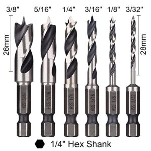 Wolfride 6PCS Brad Point Drill Bits 1/4-Inch Hex Shank Stubby Drill Bit Set for Wood