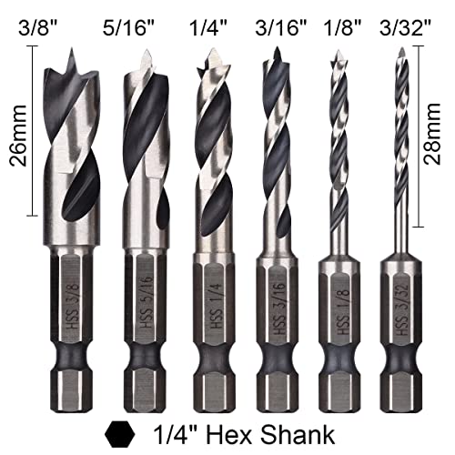 Wolfride 6PCS Brad Point Drill Bits 1/4-Inch Hex Shank Stubby Drill Bit Set for Wood