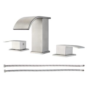 brushed nickel waterfall bathroom faucet for sink 3 hole - widespread, 2-handles 8 inch modern faucet for bathroom sink, vanity faucet with cupc supply lines