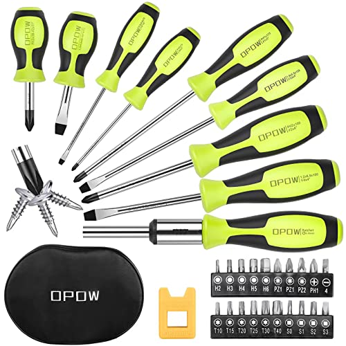 OPOW Magnetic Screwdriver Set with Storage Case, 30-Piece Professional Screwdrivers Includes Slotted/Phillips/Hex/Torx/Square/Pozi Head, Ratcheting and Screwdriver Bits, Non-Slip Handle Design.