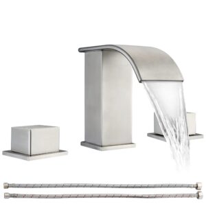 waterfall bathroom faucet brushed nickel - widespread 2 handle 8 inch 3 hole bathroom sink faucet, basin faucet mixer taps with cupc faucet supply line hoses for bathroom restroom vanity lavatory