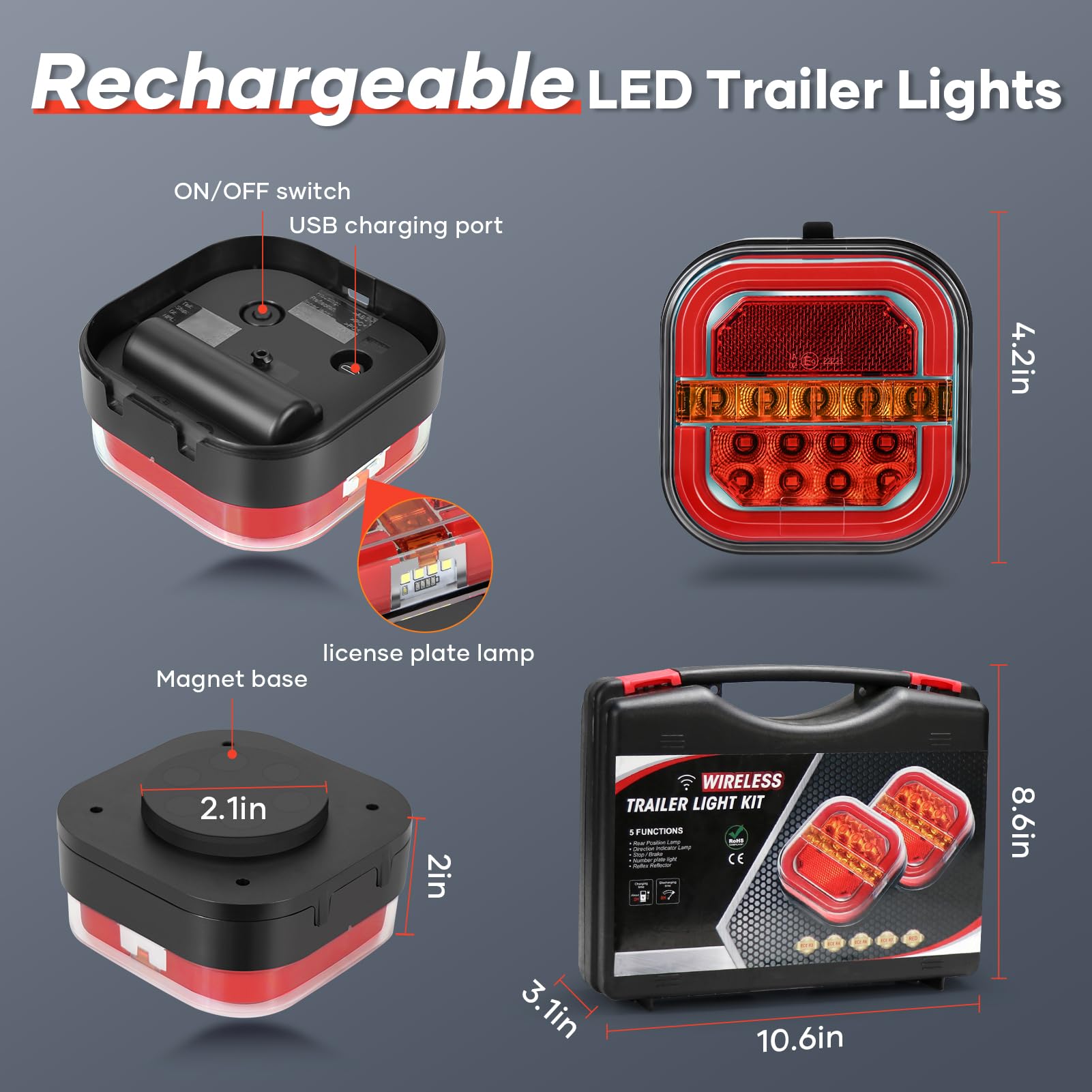 Wireless Trailer Lights for Towing, Rechargeable LED Tail Light Kit for Tow Truck, Magnetic /Screw Fixed, Waterproof for Boat Utility RV Camper Jet Ski Caravan (4 Way Connector)