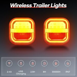 Wireless Trailer Lights for Towing, Rechargeable LED Tail Light Kit for Tow Truck, Magnetic /Screw Fixed, Waterproof for Boat Utility RV Camper Jet Ski Caravan (4 Way Connector)