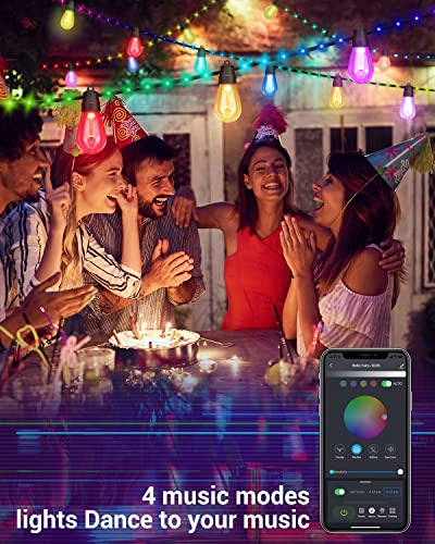 RGB & Warm White 50ft Smart String Lights Outdoor with Rope Fairy, Waterproof Shatterproof Bluetooth APP Remote Control Color Changing Dimmable Patio Lights for Balcony, Backyard, Party, Holiday RGBw