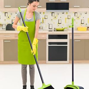 Broom and Dustpan,Indoor Broom and Dust Pans with Long Handle Up to 54 Inches,Broom and Dustpan Set for Home,Standing Upright Broom with Dustpan Combo Set for Kitchen Room Office Lobby Floor(Green)