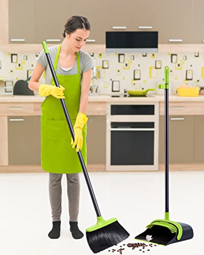 Broom and Dustpan,Indoor Broom and Dust Pans with Long Handle Up to 54 Inches,Broom and Dustpan Set for Home,Standing Upright Broom with Dustpan Combo Set for Kitchen Room Office Lobby Floor(Green)