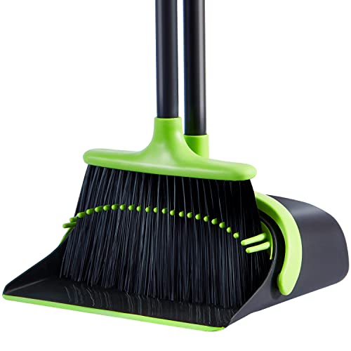 Broom and Dustpan,Indoor Broom and Dust Pans with Long Handle Up to 54 Inches,Broom and Dustpan Set for Home,Standing Upright Broom with Dustpan Combo Set for Kitchen Room Office Lobby Floor(Green)