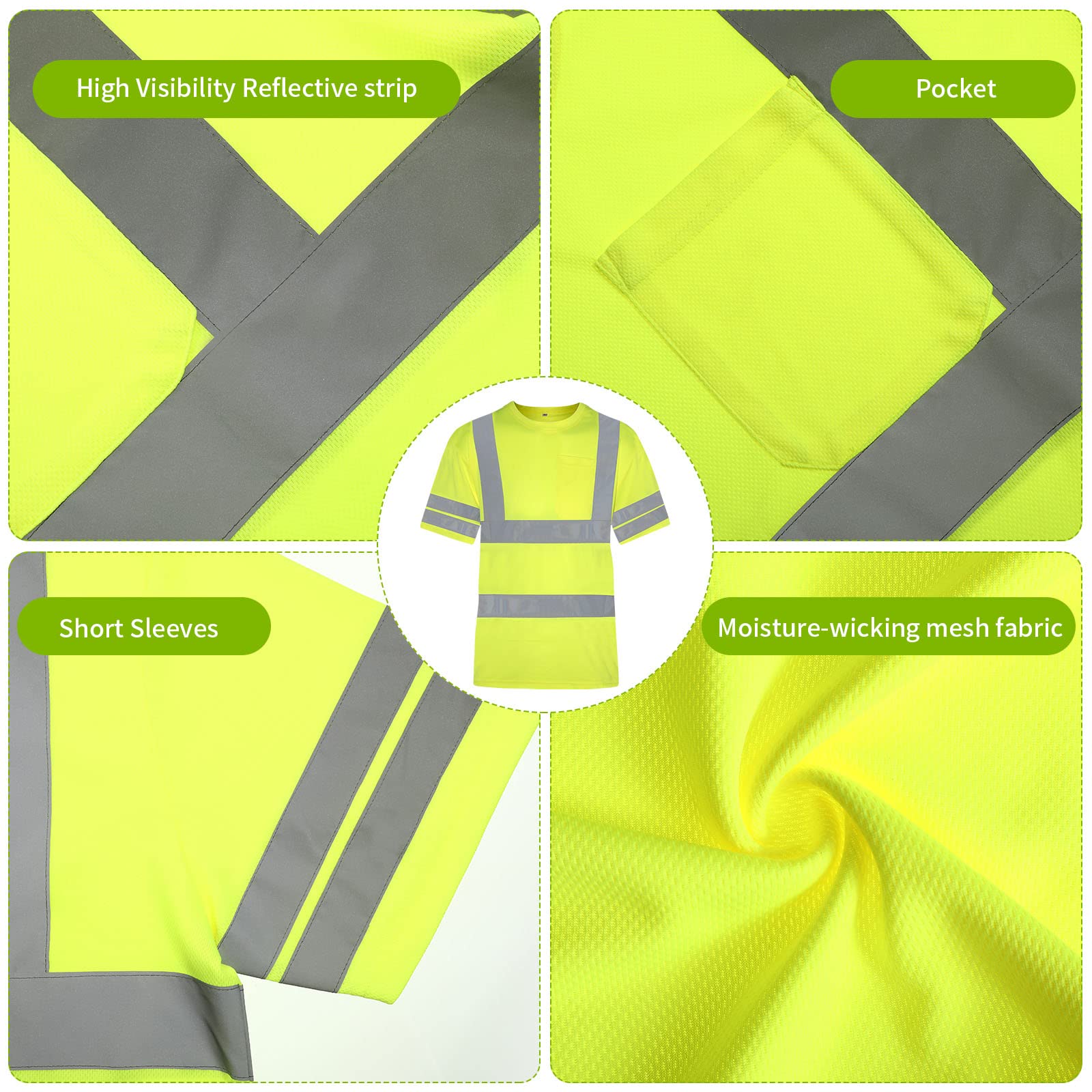 Coume 6 Packs XL Size High Visibility Safety Shirts Reflective T Shirt Yellow Breathable Unisex Safety Workwear