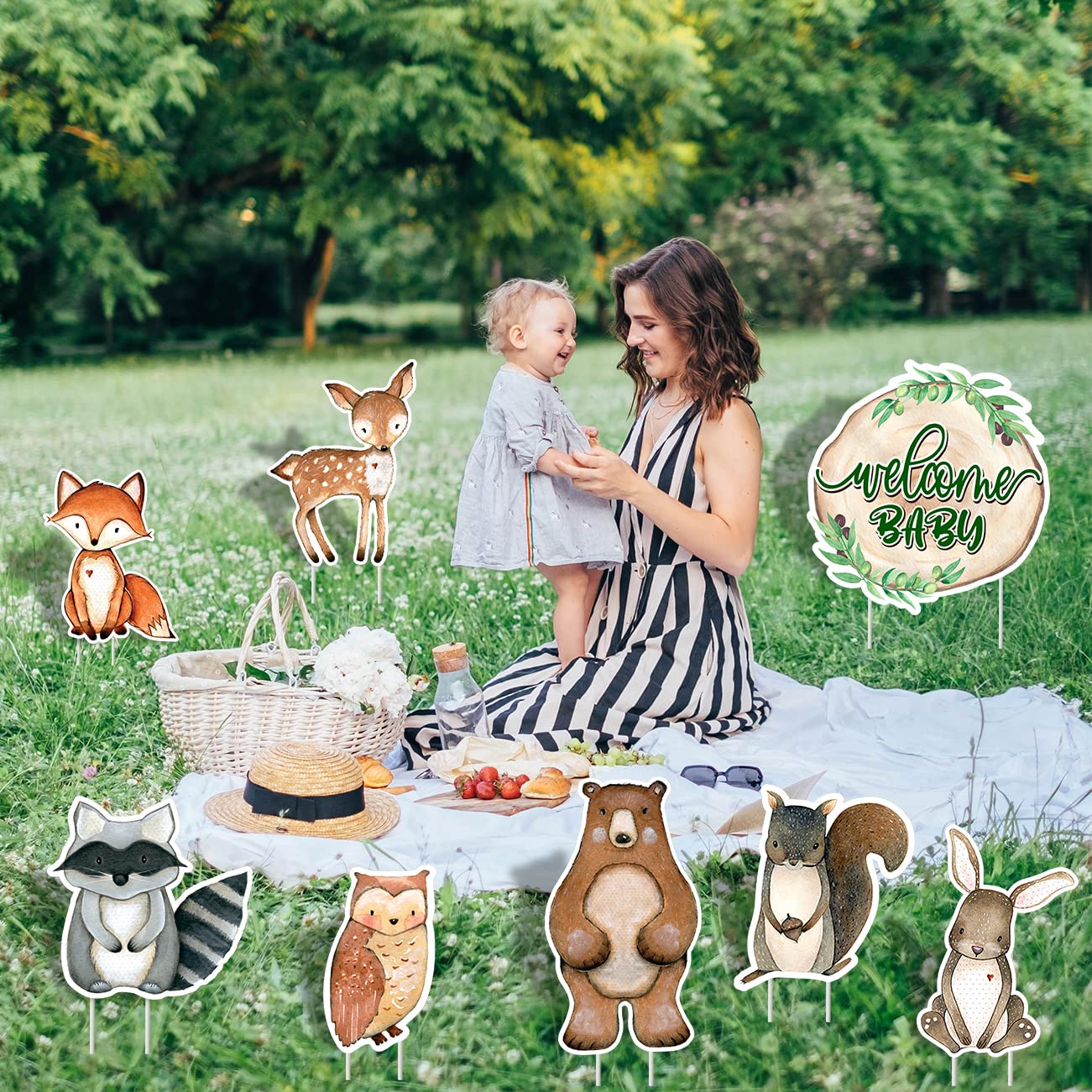 Woodland Baby Shower Yard Sign Set of 8 Gender Neutral Forest Welcome Baby Yard Signs with Stakes for Jungle Animal Indoor Outdoor Lawn Birthday Party Decorations