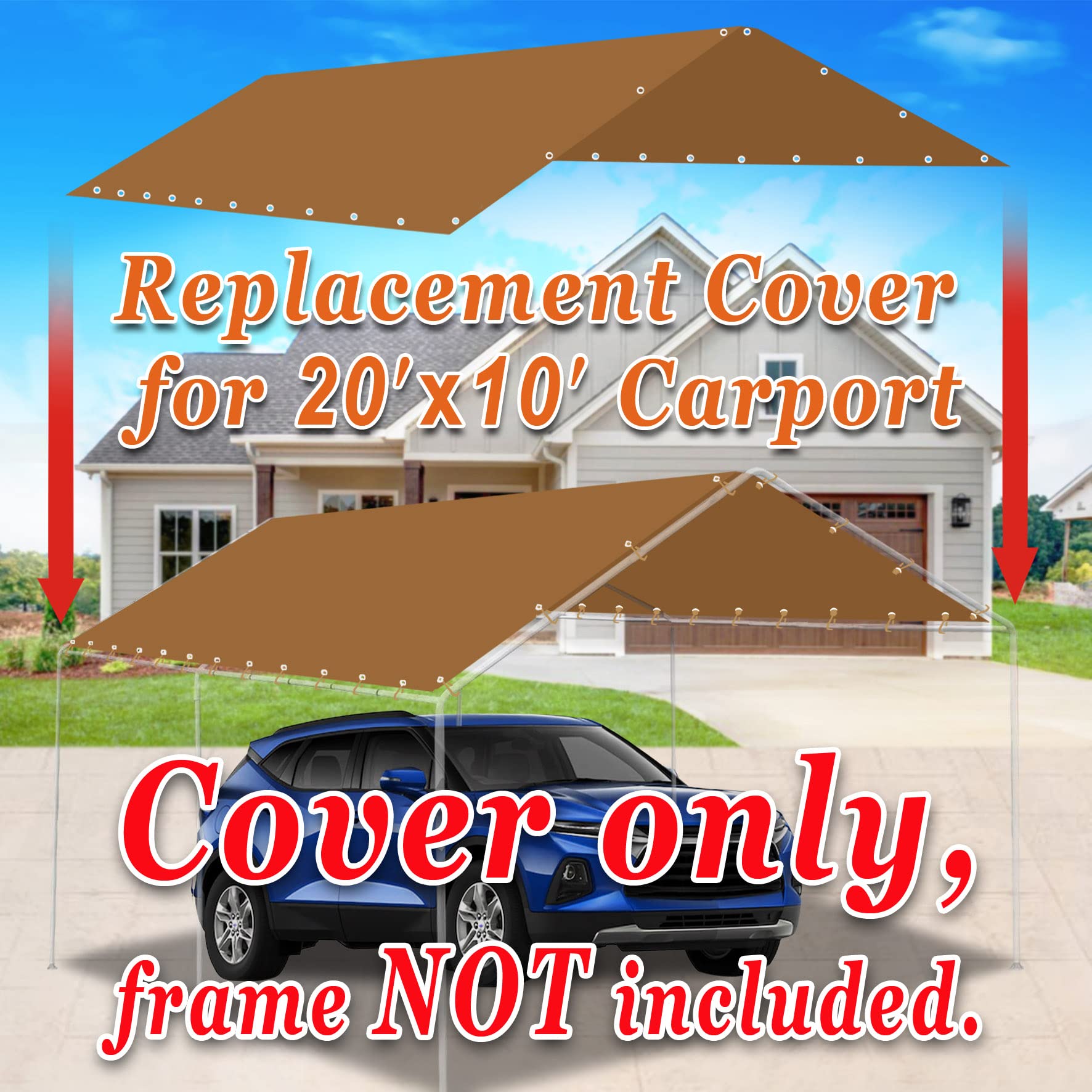 Strong Camel Carport Conopy Cover 10'x20' Replacement for Car Tent Outdoor Top Garage Shelter with Ball Bungees, TAN (Only Cover, Frame Not Included)