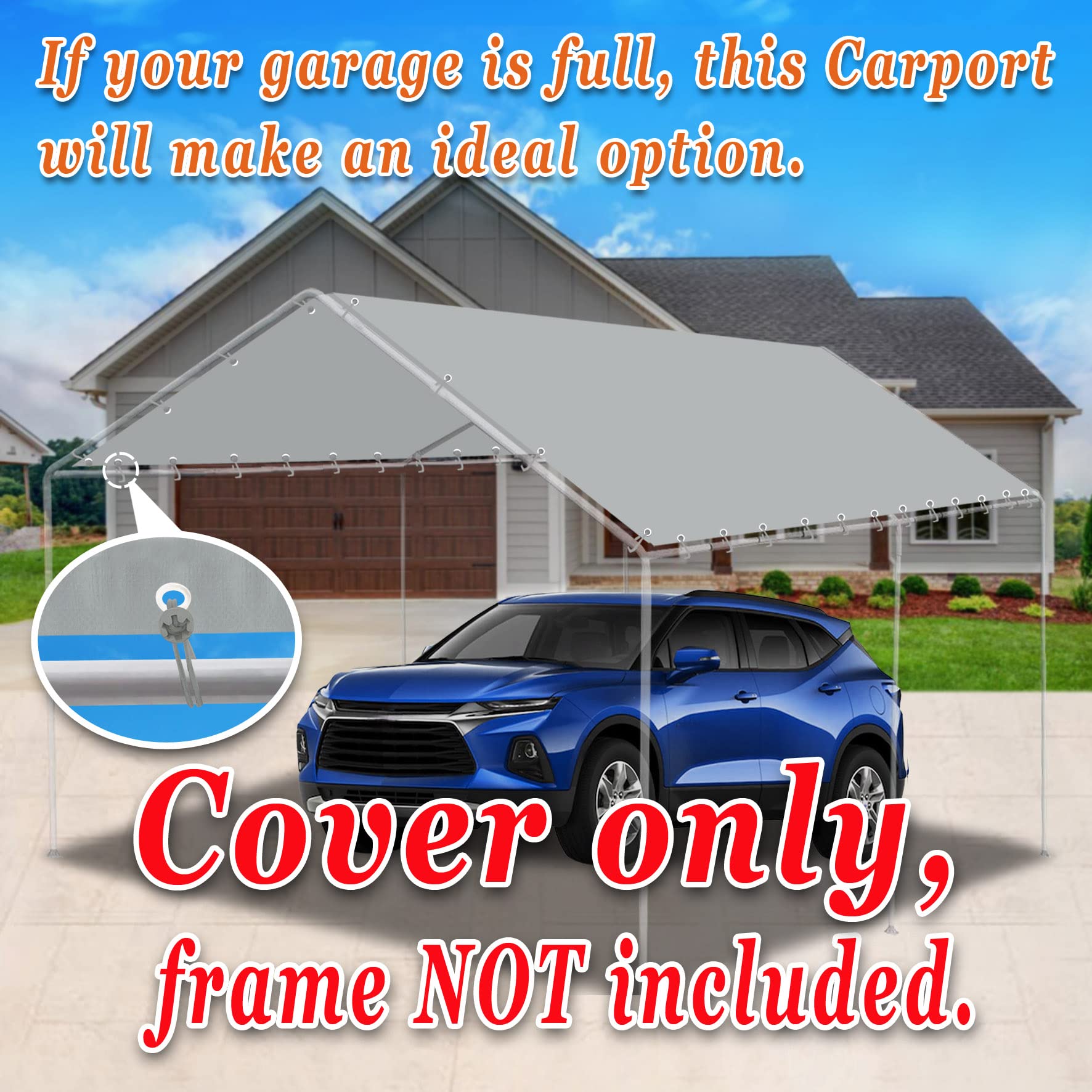Strong Camel Carport Conopy Cover 10'x20' Replacement for Car Tent Outdoor Top Garage Shelter with Ball Bungees, SIL (Only Cover, Frame Not Included)