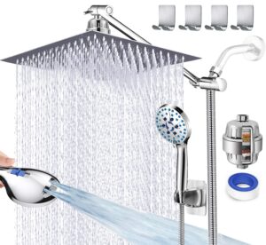 amorix 12" rain shower head with handheld spray shower heads combo with 7 setting hand held shower built-in 2 power wash, rainfall shower head with one-piece extension arm, hard water shower filter