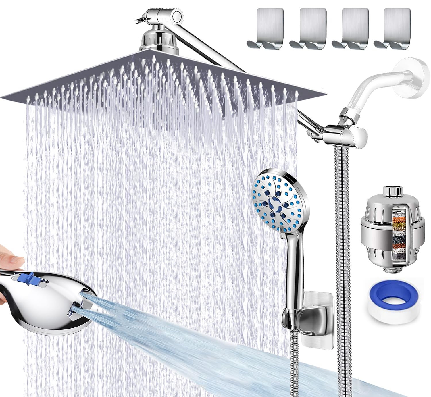 Amorix 12" Rain Shower Head with Handheld Spray Shower Heads Combo with 7 Setting Hand Held Shower Built-in 2 Power Wash, Rainfall Shower Head with One-piece Extension Arm, Hard Water Shower Filter