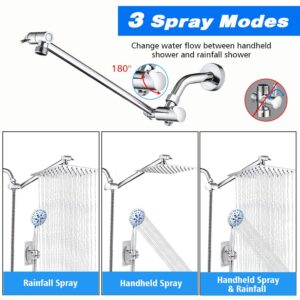 Amorix 12" Rain Shower Head with Handheld Spray Shower Heads Combo with 7 Setting Hand Held Shower Built-in 2 Power Wash, Rainfall Shower Head with One-piece Extension Arm, Hard Water Shower Filter