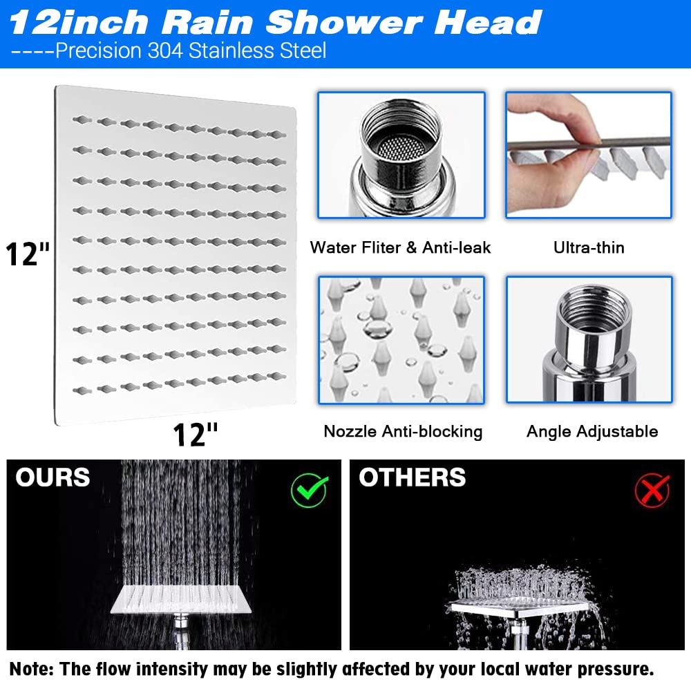 Amorix 12" Rain Shower Head with Handheld Spray Shower Heads Combo with 7 Setting Hand Held Shower Built-in 2 Power Wash, Rainfall Shower Head with One-piece Extension Arm, Hard Water Shower Filter