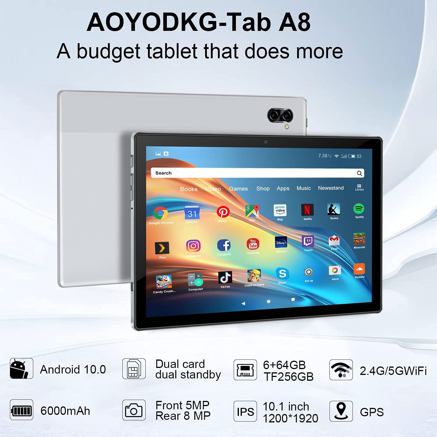 AOYODKG A8 Tablet, 10 Inch, 6.0 GB Memory Storage Capacity, Android 10, 13MP Camera, 8-Core Processor, 6GB RAM, 5G Dual WiFi, 2 Card Slot, 1920x1200 IPS Screen, GPS