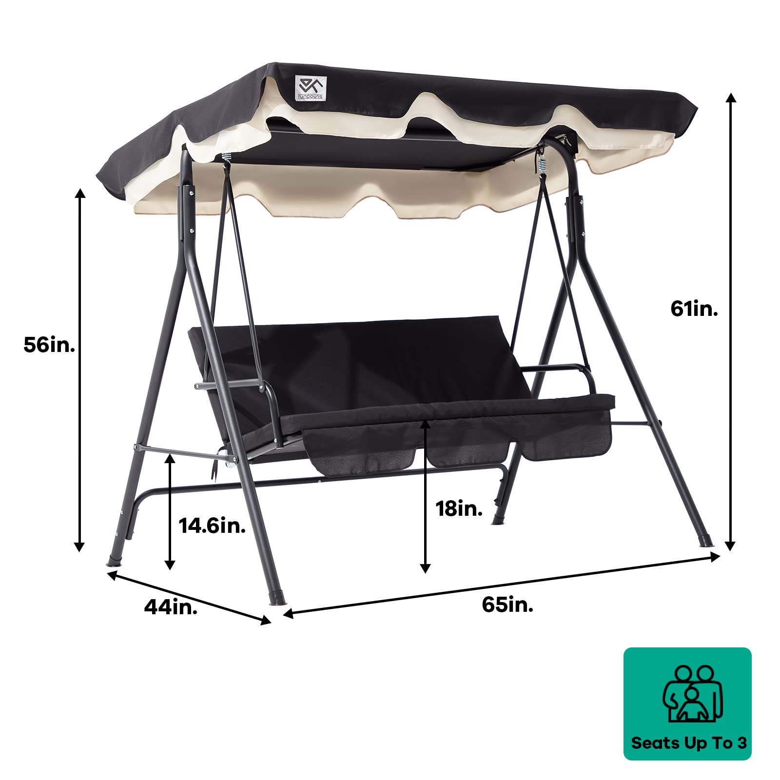 Fundouns 2-Person Patio Porch Swing Chair, Outdoor Canopy Hanging Swing Lounge Chair Adjustable Shade, Removable Cushions- Black and Beige